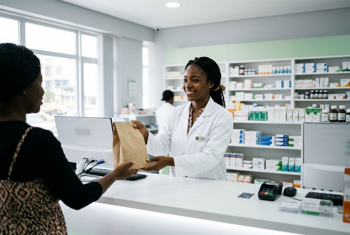 Farmacêutica ao balcão a entregar um saco de farmácia a um cliente