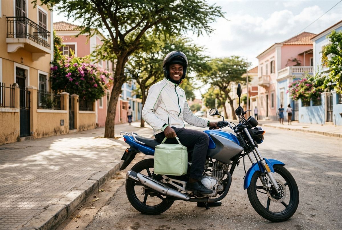 Estafeta de mota com caixa térmica de entrega numa rua de Luanda