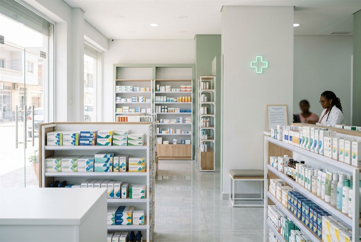 Prateleiras organizadas com medicamentos e dermocosmética